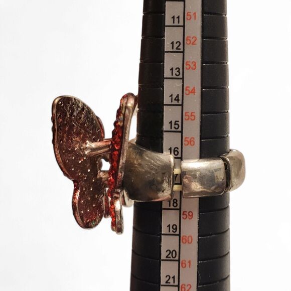 Vintage Butterfly Statement Ring, Red-Orange Rhinestone, Silver Adjustable Band - Picture 8 of 8